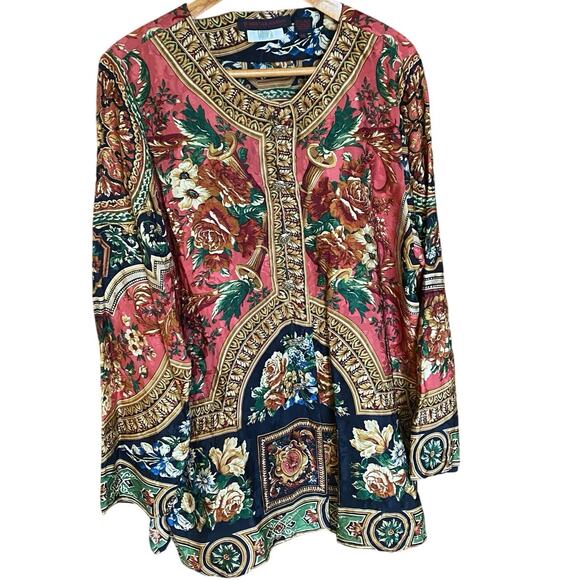 Vintage Jerri Sherman 100% Silk Floral Baroque Tunic Top Blouse 16 plus Boho - Picture 2 of 8